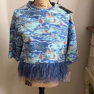 NWT Blue Patterned Women's Top with Feather Trim